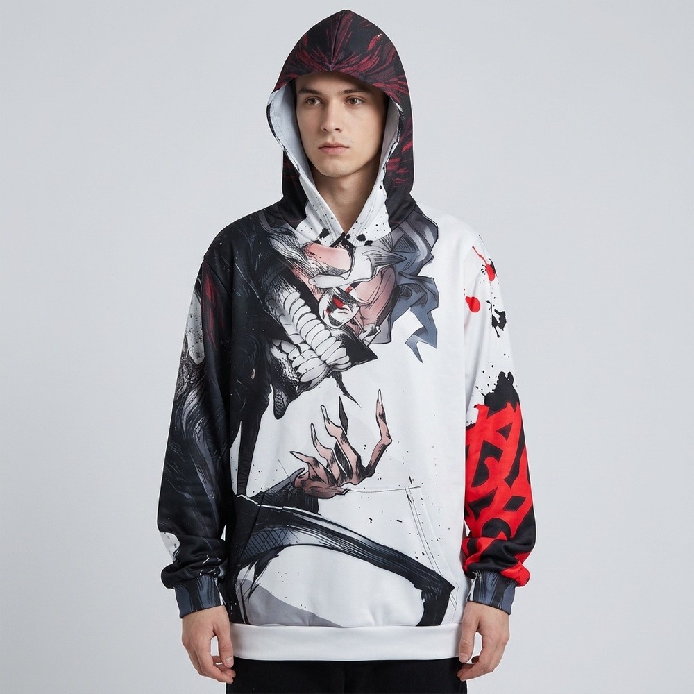 Anime Graphic Hoodie Mens M Black‎ White Red Splatter Polyester Pullover NWOT